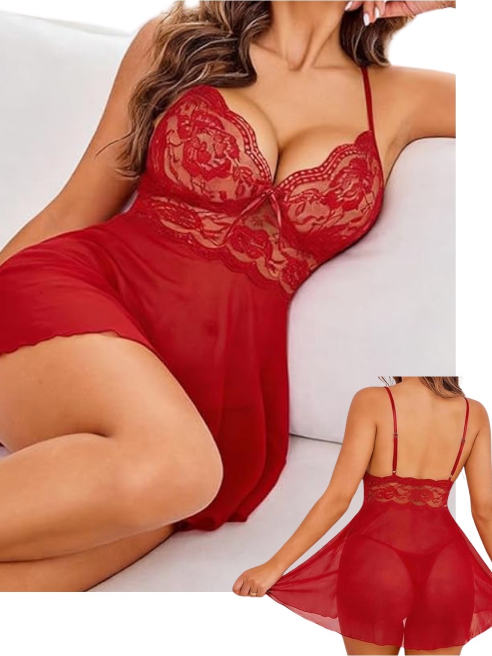 Red Lace Sheer Chemise Nightdress - Women Intimates